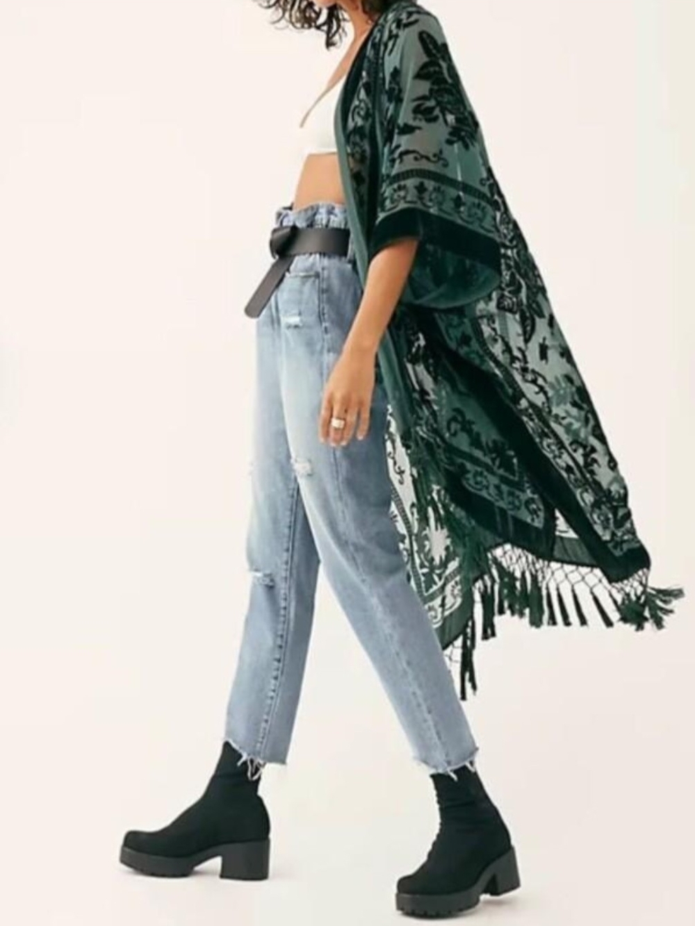 Green Velvet Burnout Floral Kimono Duster Tassel Fringe
